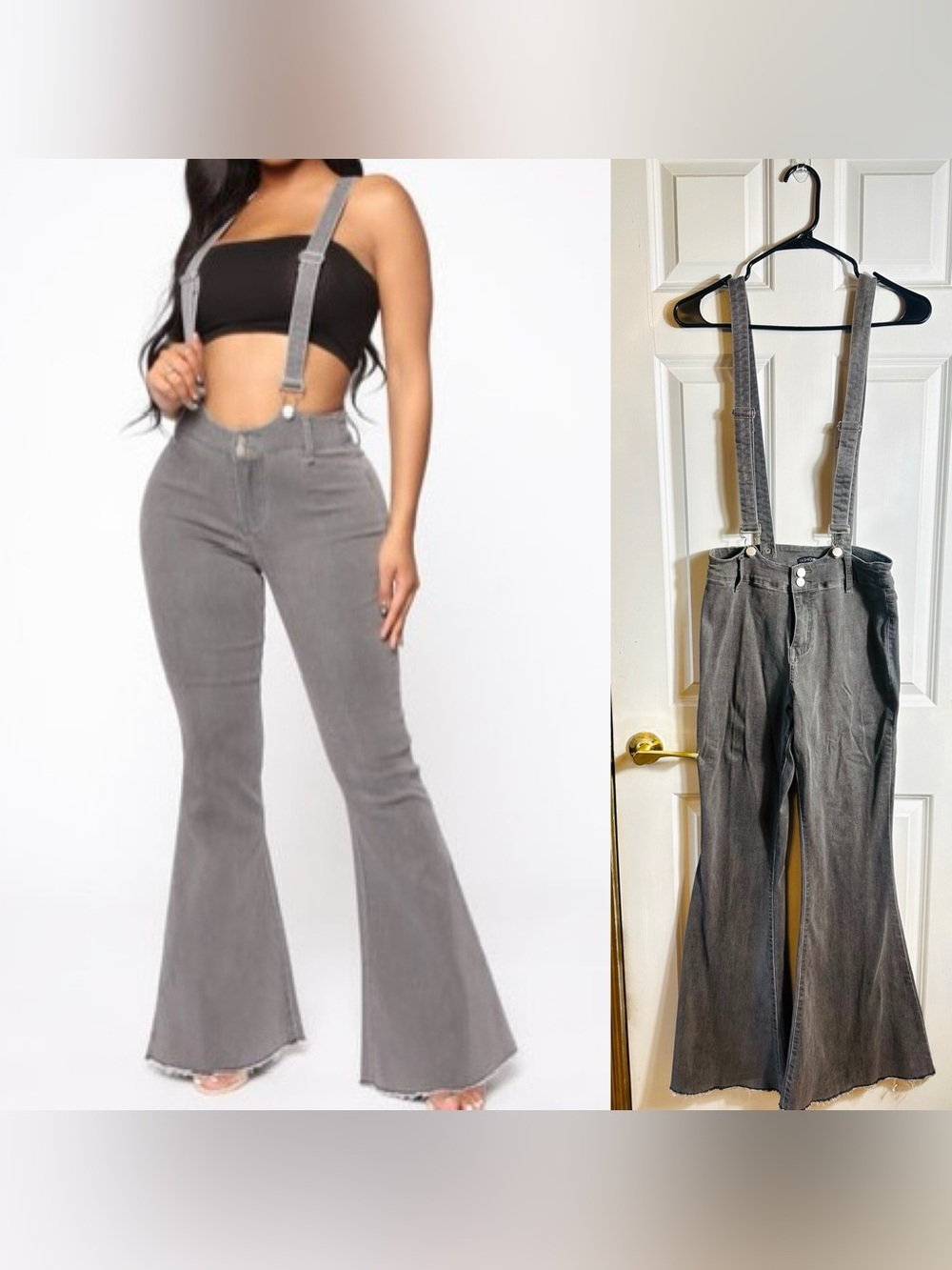 High-Waist Gray Flared Jeans with Detachable Suspenders